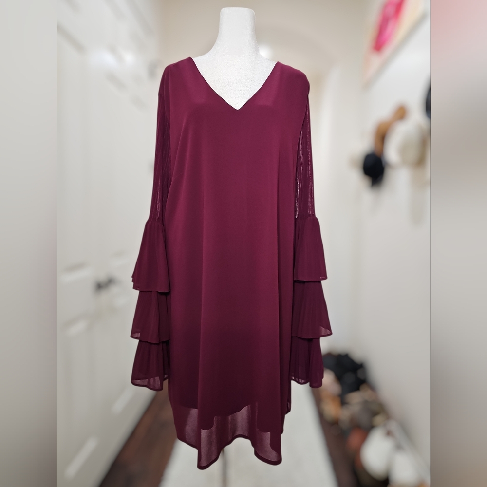 Loveriche Burgundy Chiffon Dress | Bell Sleeves | Tie Back | Size 2X